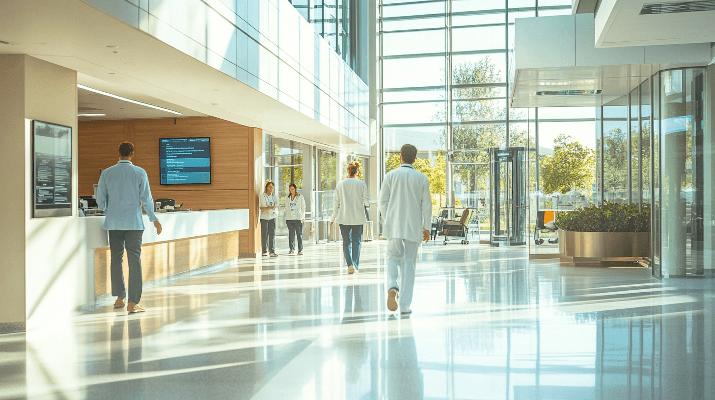 Moderne Krankenhauslobby mit Patienten und digitalen Informationsschirmen für die Krankenhaussuche